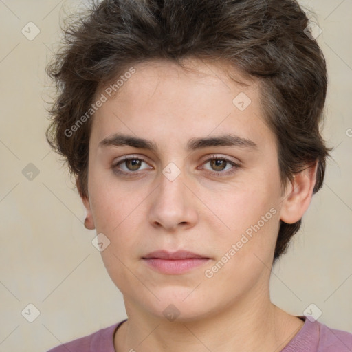 Neutral white young-adult female with short  brown hair and brown eyes