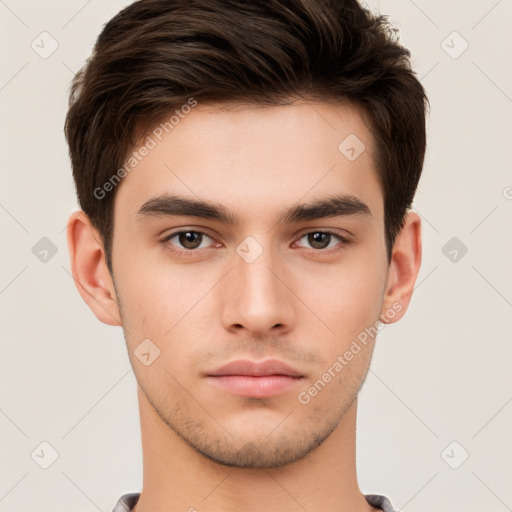 Neutral white young-adult male with short  brown hair and brown eyes