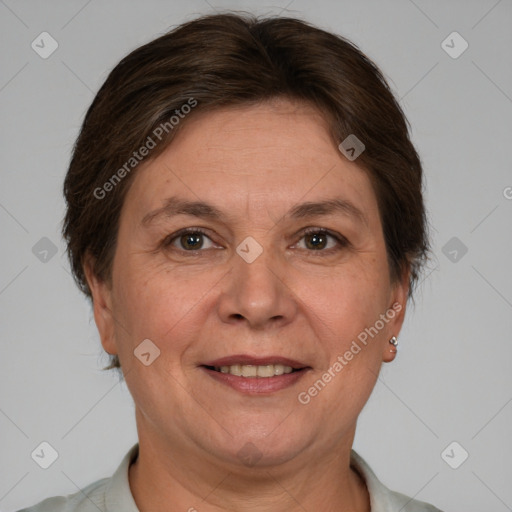 Joyful white adult female with short  brown hair and brown eyes