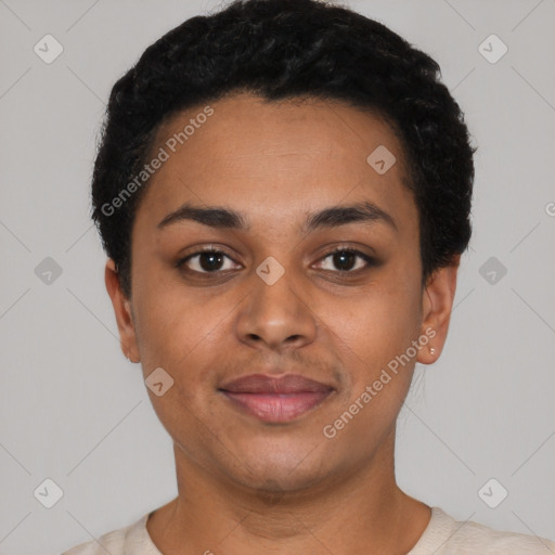 Joyful latino young-adult female with short  black hair and brown eyes