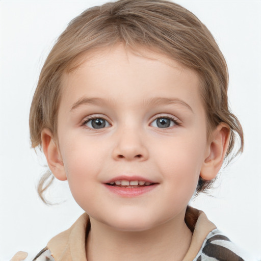 Joyful white child female with medium  brown hair and blue eyes