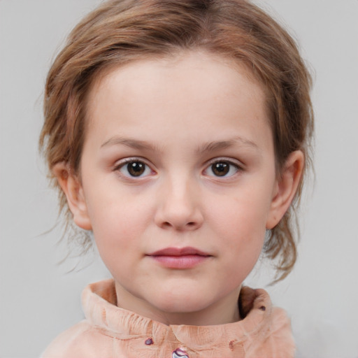 Neutral white child female with medium  brown hair and blue eyes