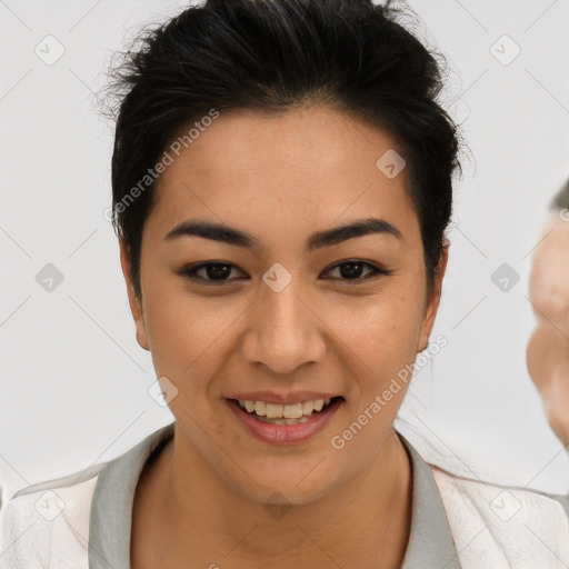 Joyful latino young-adult female with short  brown hair and brown eyes