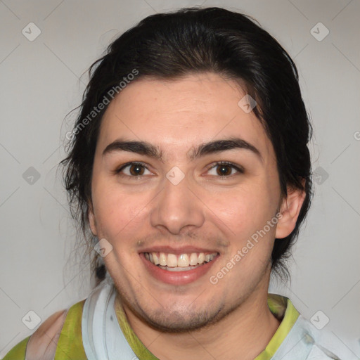 Joyful white young-adult male with medium  brown hair and brown eyes