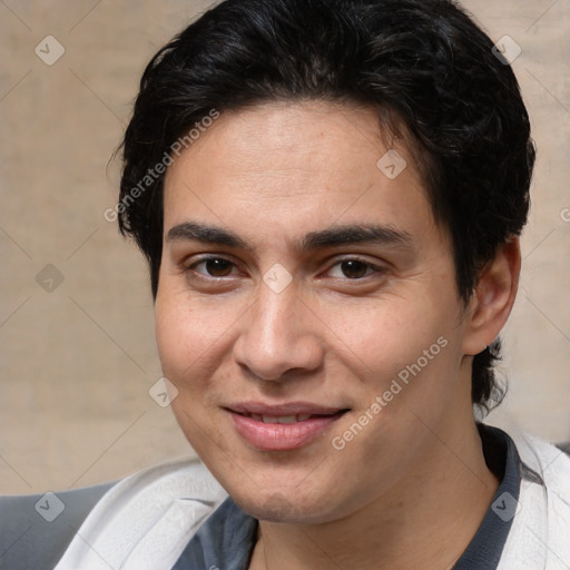 Joyful white young-adult male with medium  brown hair and brown eyes