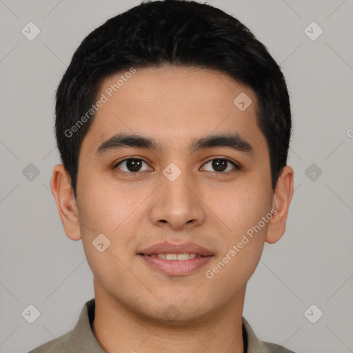 Joyful latino young-adult male with short  black hair and brown eyes