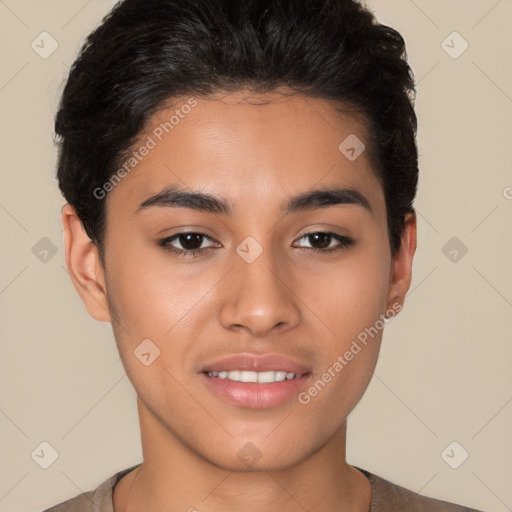 Joyful latino young-adult female with short  black hair and brown eyes