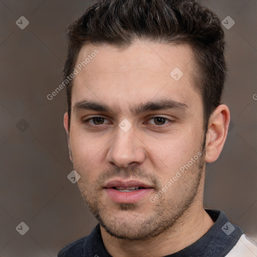 Neutral white young-adult male with short  brown hair and brown eyes