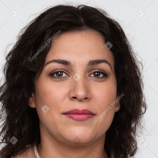 Joyful white young-adult female with medium  brown hair and green eyes