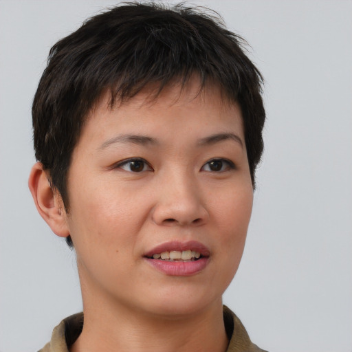 Joyful asian young-adult female with short  brown hair and brown eyes