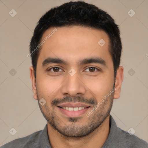 Joyful white young-adult male with short  black hair and brown eyes