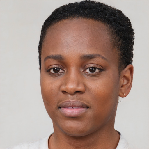 Neutral black young-adult female with short  black hair and brown eyes