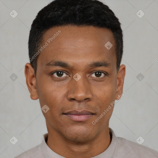 Neutral black young-adult male with short  black hair and brown eyes