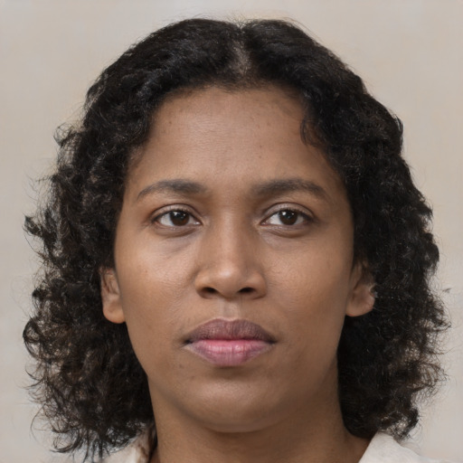 Neutral black young-adult female with medium  brown hair and brown eyes