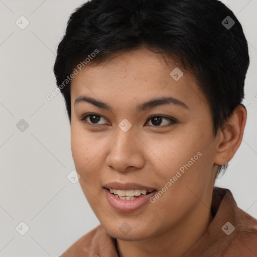 Joyful asian young-adult female with short  brown hair and brown eyes