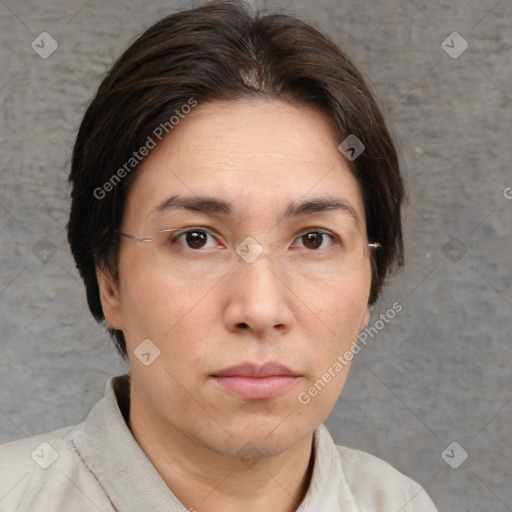 Neutral white adult female with short  brown hair and brown eyes