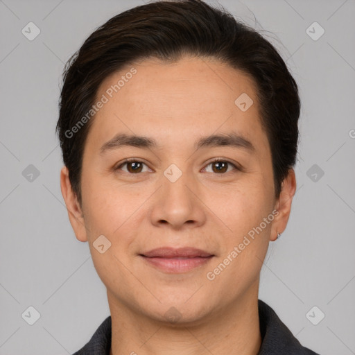 Joyful white young-adult male with short  brown hair and brown eyes