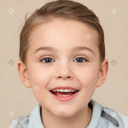 Joyful white child female with medium  brown hair and brown eyes