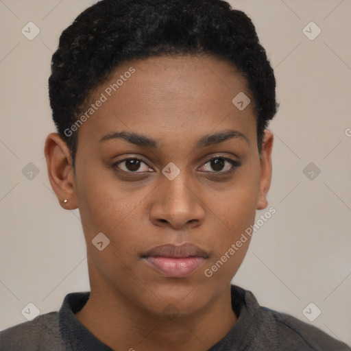 Neutral black young-adult female with short  black hair and brown eyes