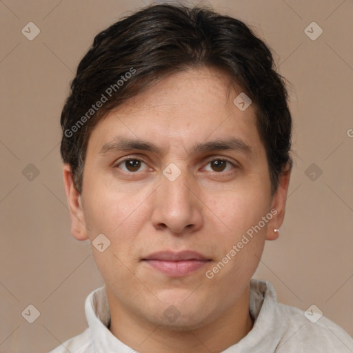 Joyful white young-adult male with short  brown hair and brown eyes