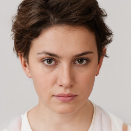 Neutral white young-adult female with short  brown hair and brown eyes