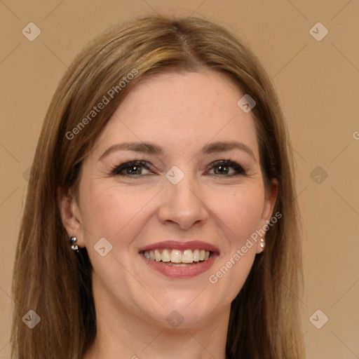 Joyful white young-adult female with long  brown hair and brown eyes