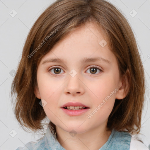 Joyful white child female with medium  brown hair and brown eyes