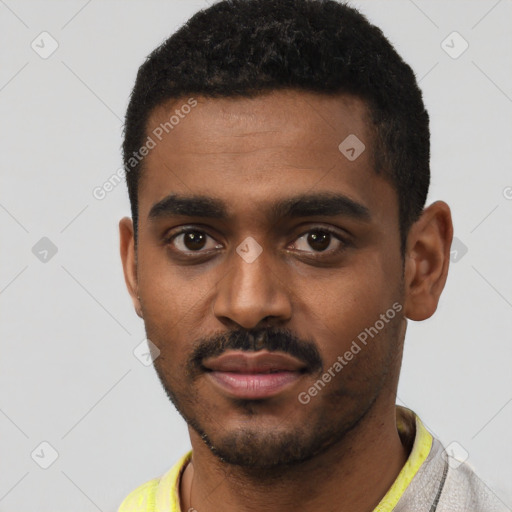 Neutral black young-adult male with short  black hair and brown eyes