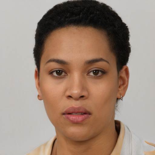 Neutral latino young-adult female with short  black hair and brown eyes