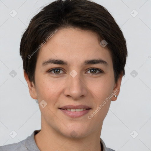 Joyful white young-adult female with short  brown hair and brown eyes