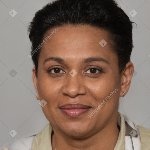 Joyful black adult female with short  brown hair and brown eyes