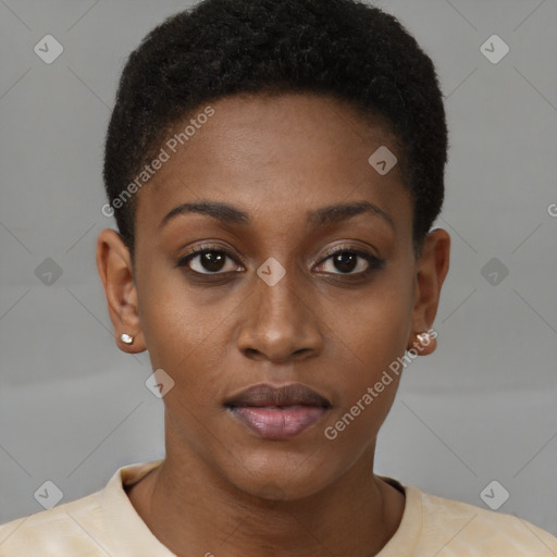 Neutral black young-adult female with short  brown hair and brown eyes