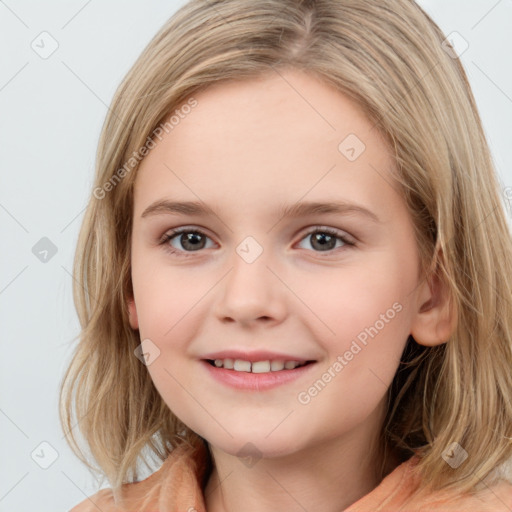 Joyful white child female with medium  brown hair and grey eyes