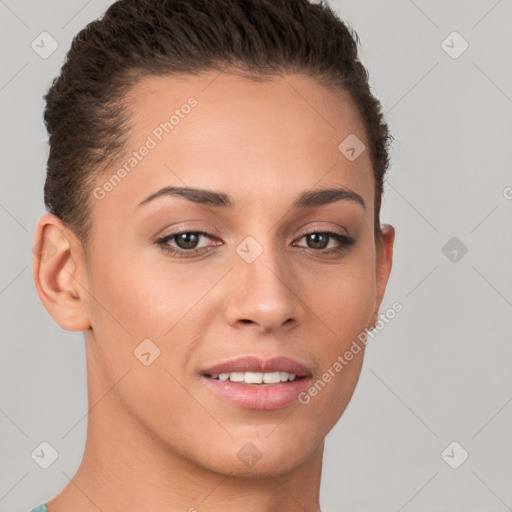 Joyful white young-adult female with short  brown hair and brown eyes