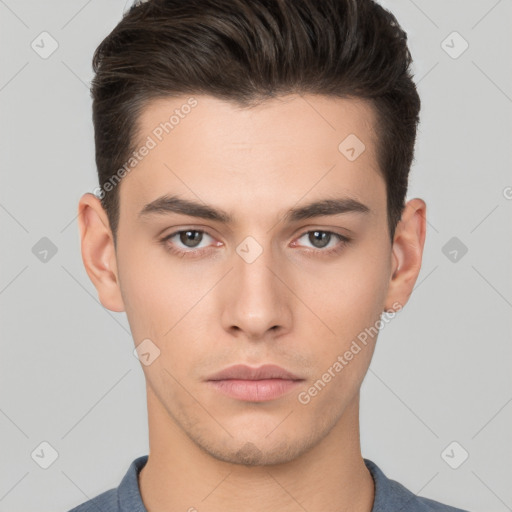 Neutral white young-adult male with short  brown hair and brown eyes