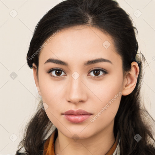 Neutral latino young-adult female with long  brown hair and brown eyes