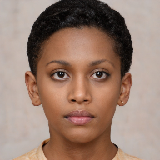 Neutral latino young-adult female with short  black hair and brown eyes