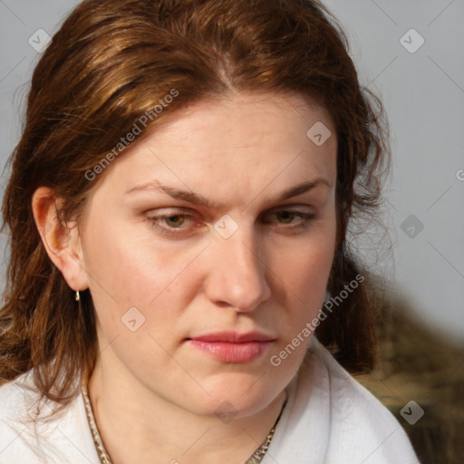 Neutral white young-adult female with medium  brown hair and brown eyes