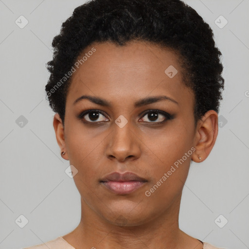 Neutral black young-adult female with short  black hair and brown eyes