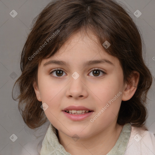 Joyful white child female with medium  brown hair and brown eyes