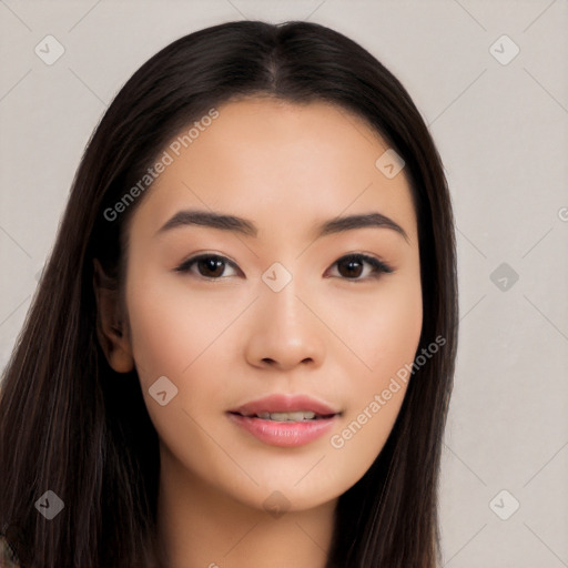 Neutral asian young-adult female with long  black hair and brown eyes