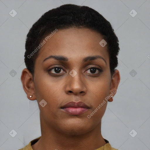 Neutral black young-adult female with short  brown hair and brown eyes