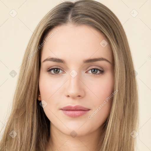 Neutral white young-adult female with long  brown hair and brown eyes