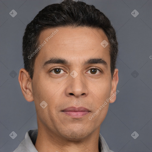 Neutral white young-adult male with short  black hair and brown eyes