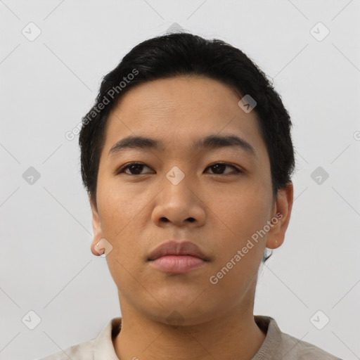 Neutral asian young-adult male with short  black hair and brown eyes