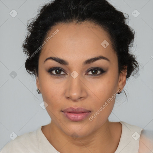 Joyful latino young-adult female with medium  black hair and brown eyes