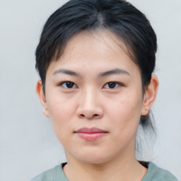 Neutral asian young-adult female with medium  brown hair and brown eyes