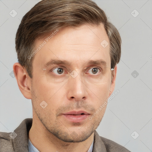 Neutral white adult male with short  brown hair and grey eyes