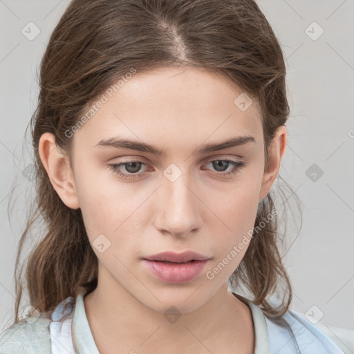 Neutral white young-adult female with medium  brown hair and brown eyes