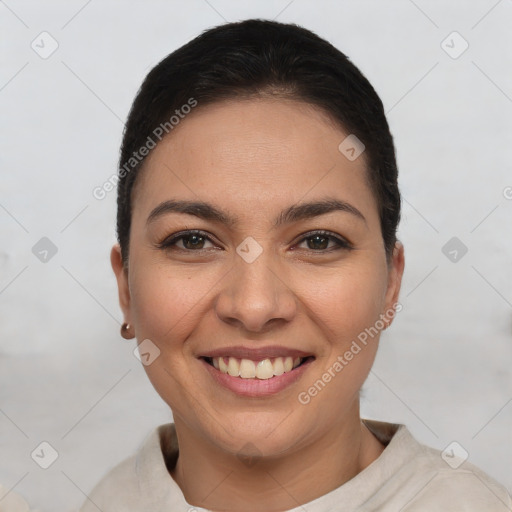 Joyful white young-adult female with short  brown hair and brown eyes